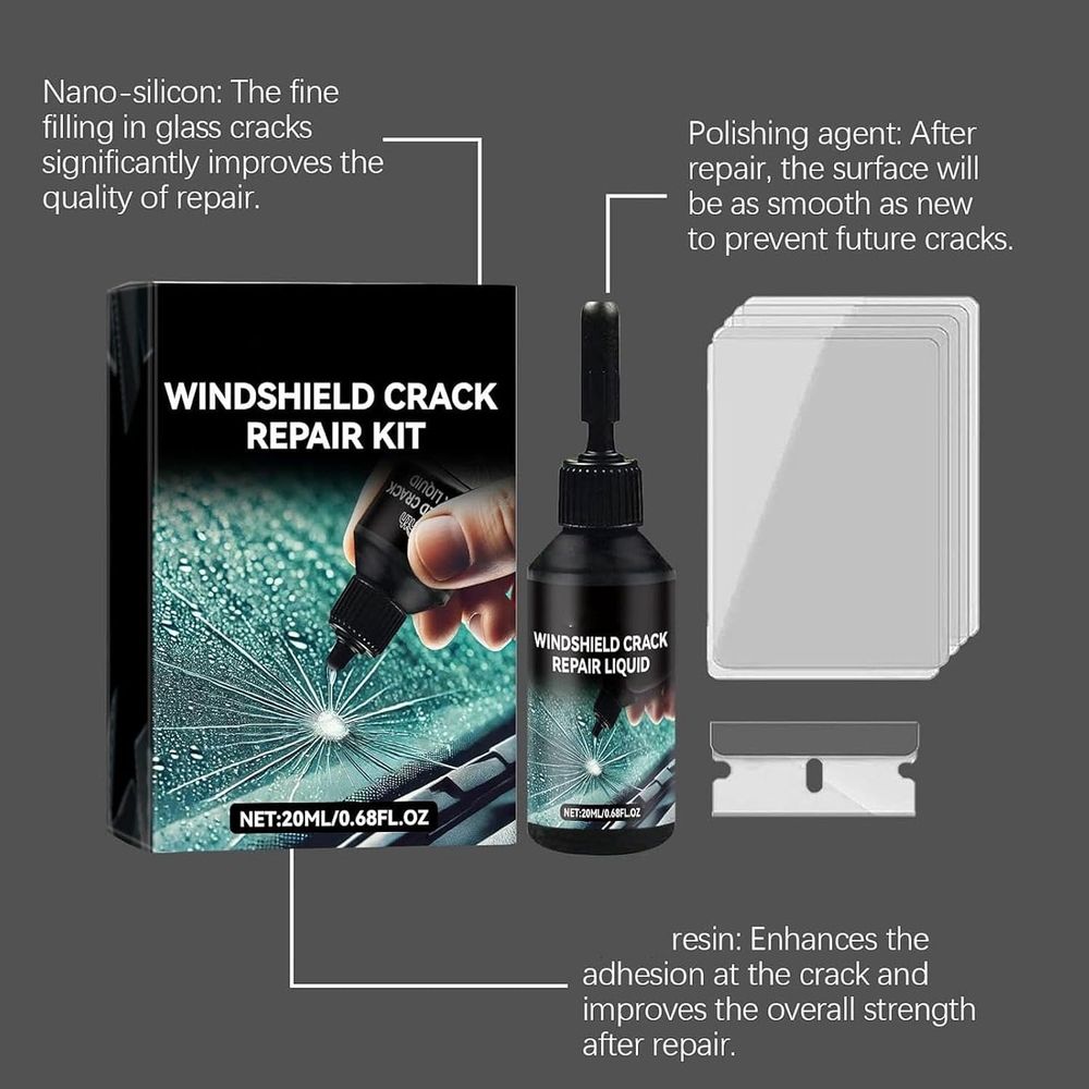 New Cracks Gone Glass Repair Kit, Nano Glass Repair Liquid for Cracks, Quick DIY Automotive Window & Mirror Restoration Fluid for Bullseye & Star Cracks