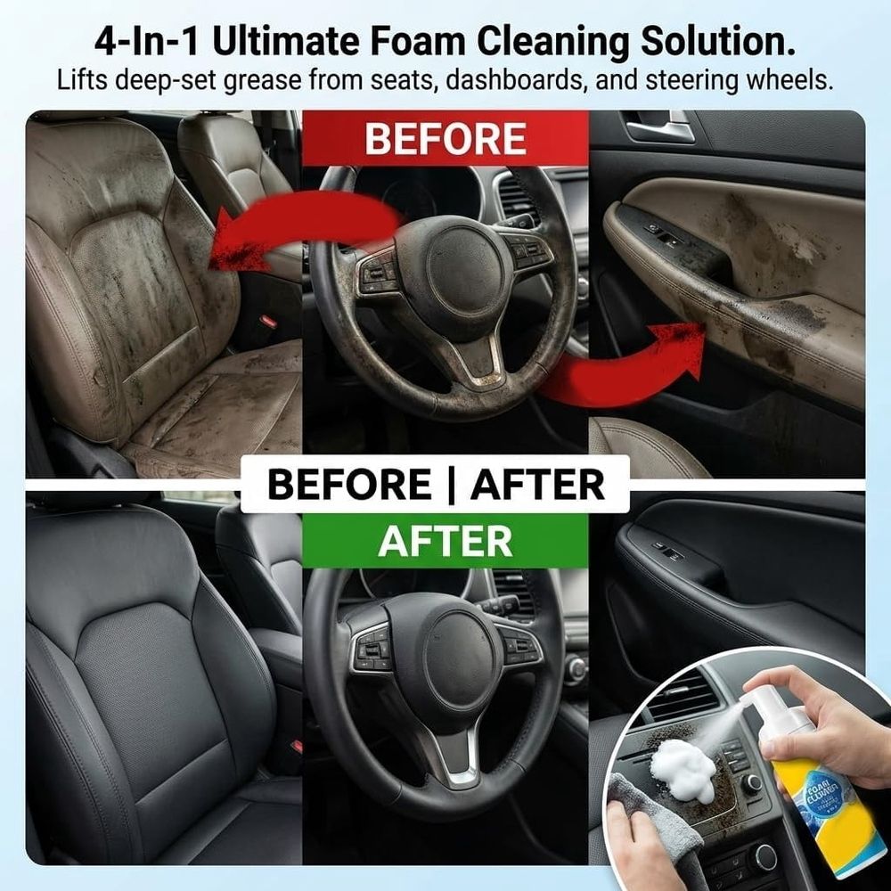4-in-1  Cleaner, Foam no Rinse Cleaner Spray,Foam Cleaner All Purpose Heavy Duty, Powerful Car Interior Cleaner, for Kitchen, Bathroom & Sofa