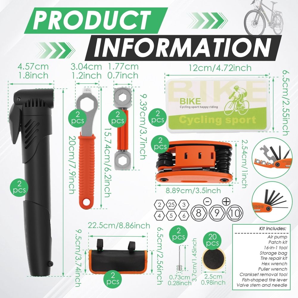 2 Sets 16 in 1 Tool Bicycle Repair Tool Kit Sturdy and Practical Convenient Storage Bag for Mountain and Road Bike
