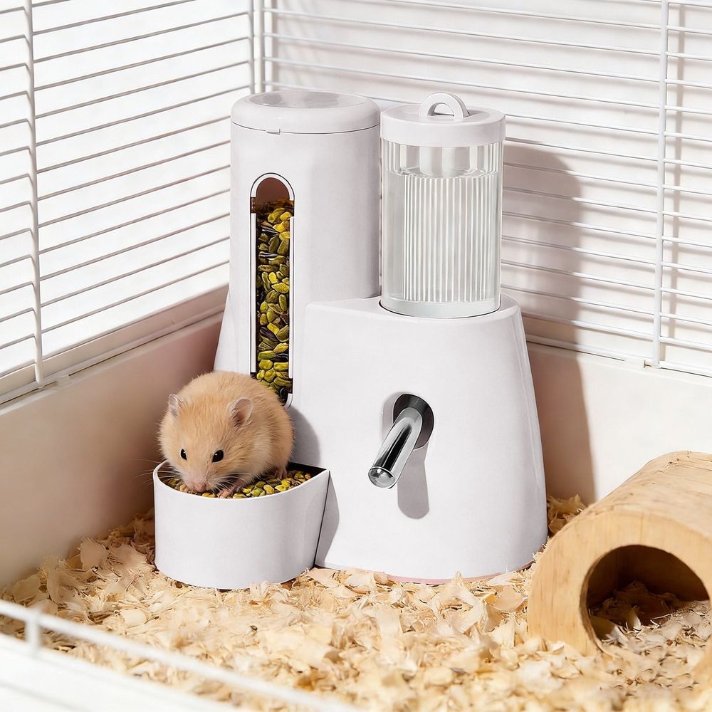 2-in-1 Small Pet Food Water Dispenser,Automatic Feeder with Drinking Bottle for Hamster Rabbit Guinea Pig Cages,Blue,5.5x3.9x6.3in