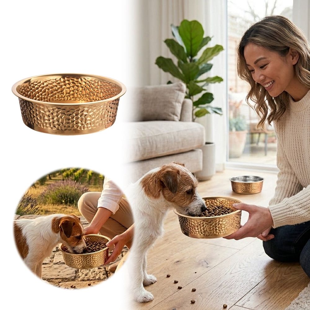 Hammered Gold Stainless Steel Pet Bowl, Non- Metal Food Water Dish For Small Medium Large Dogs Daily Feeding