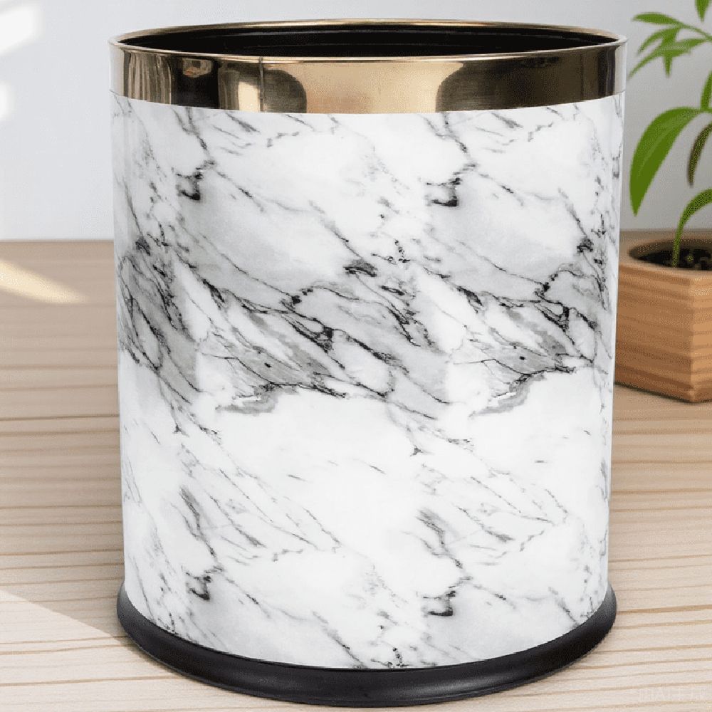 White Marble Trash Can with Marbling Design for Home Storage Compact Non Slip Base