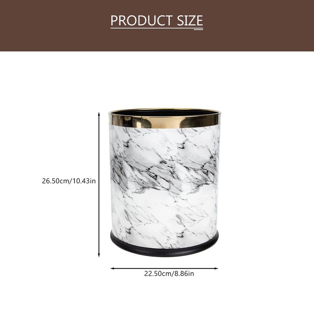 White Marble Trash Can with Marbling Design for Home Storage Compact Non Slip Base