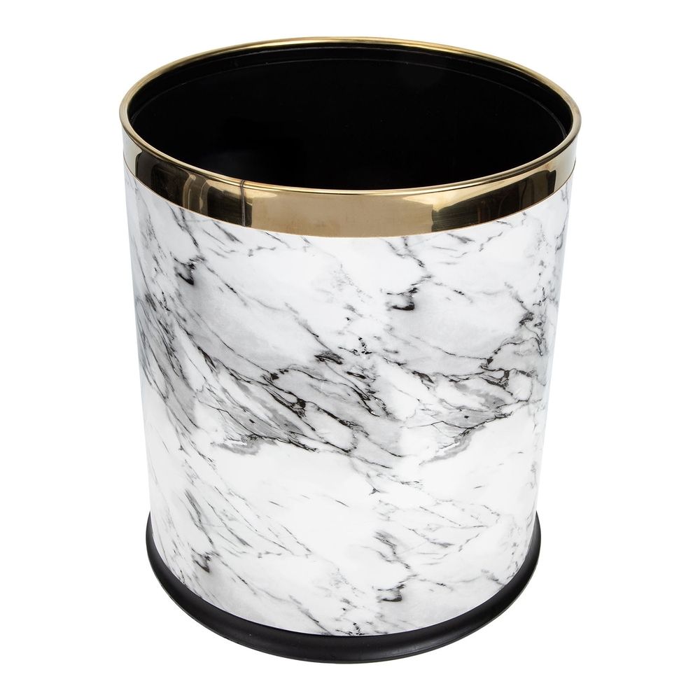 White Marble Trash Can with Marbling Design for Home Storage Compact Non Slip Base