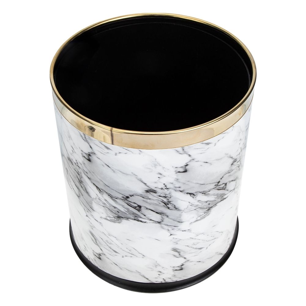 White Marble Trash Can with Marbling Design for Home Storage Compact Non Slip Base