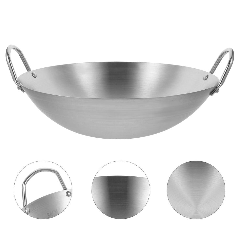 Heavy Duty Plated Silver Stainless Steel Wok for All Stoves - Easy to Move, Wide Use