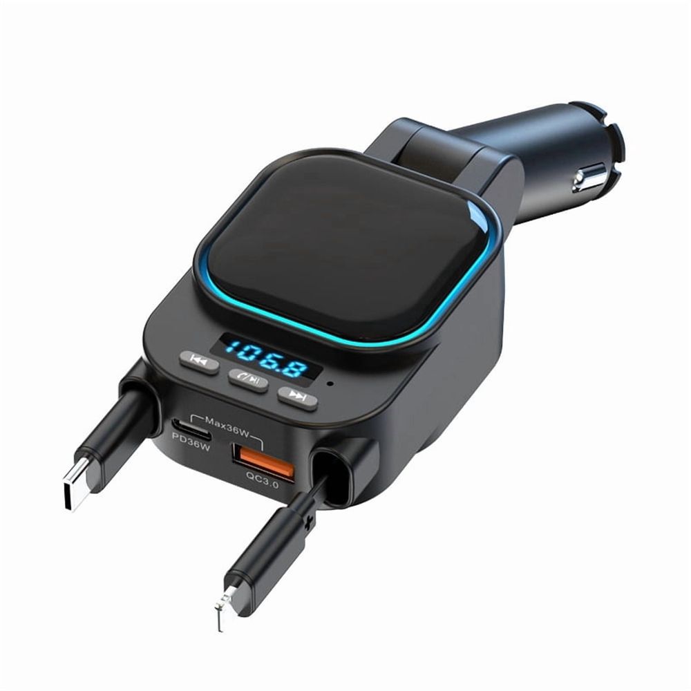 Retractable Car Charger 96W with Bluetooth Car Adapter, 4 in 1 Fast Charging, Radio Bluetooth 5.3 FM Transmitter for Car