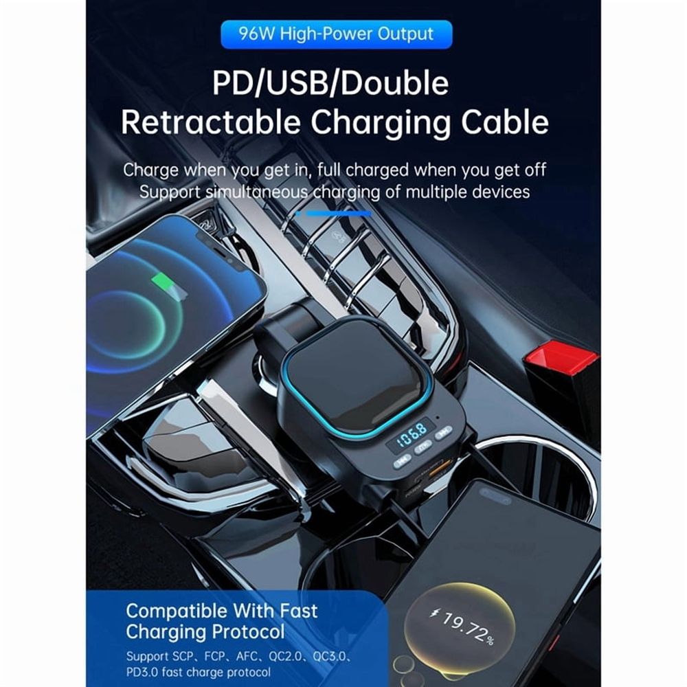 Retractable Car Charger 96W with Bluetooth Car Adapter, 4 in 1 Fast Charging, Radio Bluetooth 5.3 FM Transmitter for Car