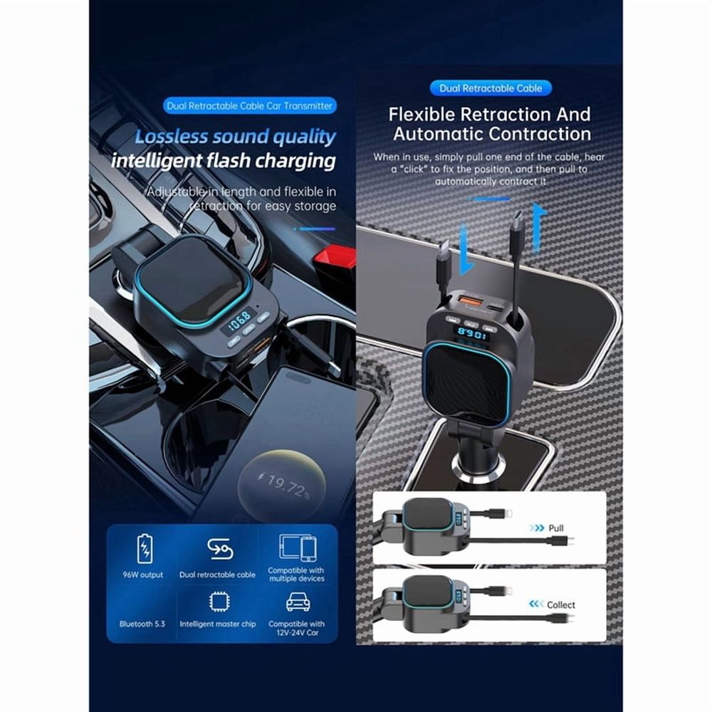 Retractable Car Charger 96W with Bluetooth Car Adapter, 4 in 1 Fast Charging, Radio Bluetooth 5.3 FM Transmitter for Car