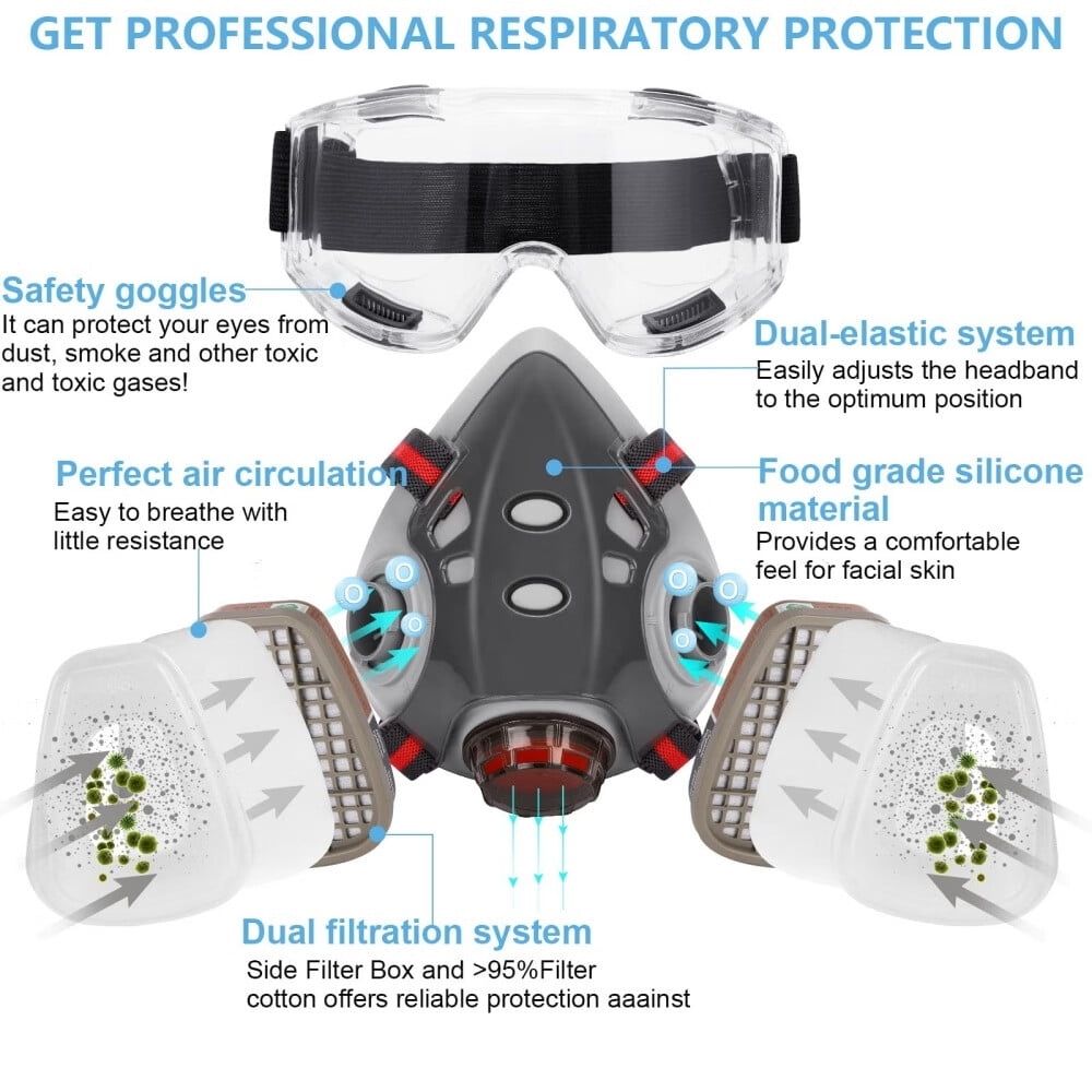 Respirator Mask with Filters,Reusable Half Face Cover Gas Mask with Safety Glasses Professional Breathing Protection Against Painting/Chemicals /Organic Vapors Perfect for Painters and DIY Project