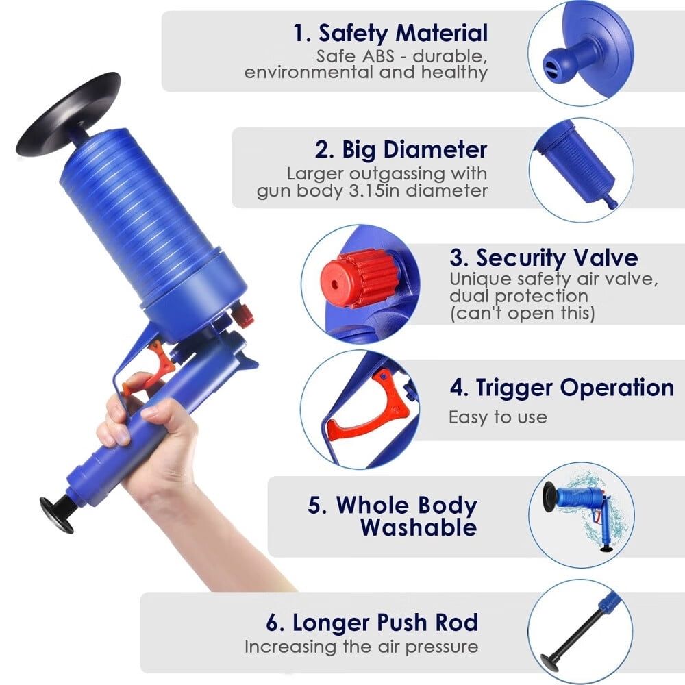 Powerful Toilet Plunger,High Pressure Air Drain Blaster Gun,Drain Clog Remover Tool with 4 Sized Suckers,Pipe Dredging Tools,Sink Plunger for Toilet Bathroom Tub Floor Drain Clogged Kitchen Pipe