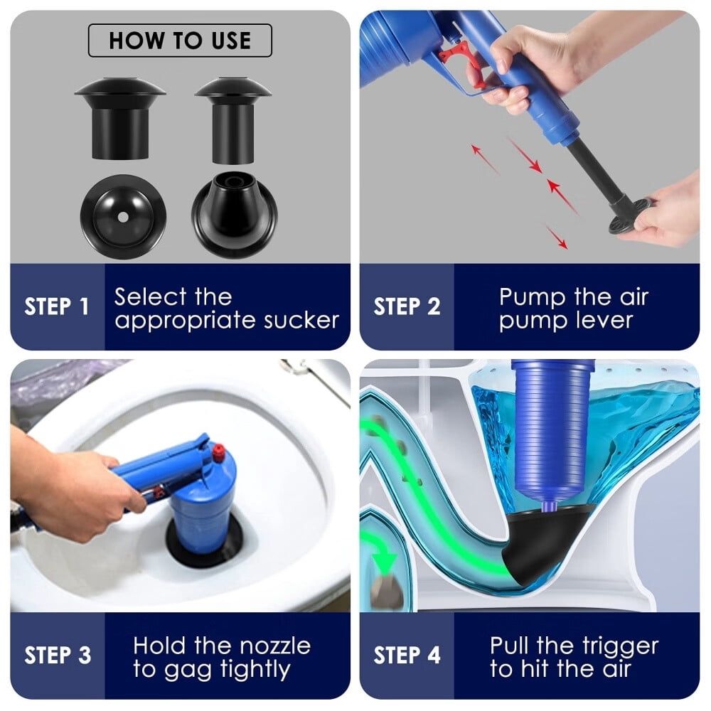 Powerful Toilet Plunger,High Pressure Air Drain Blaster Gun,Drain Clog Remover Tool with 4 Sized Suckers,Pipe Dredging Tools,Sink Plunger for Toilet Bathroom Tub Floor Drain Clogged Kitchen Pipe