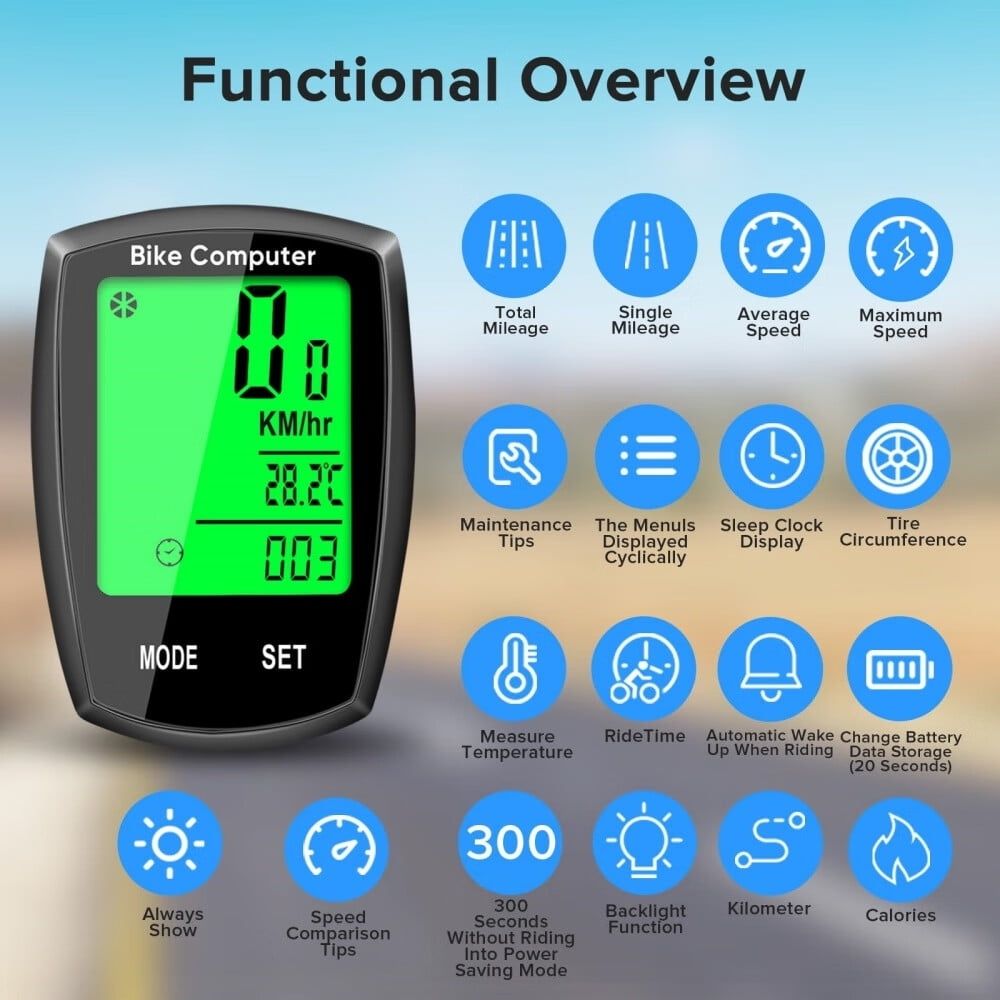 Bike Computer and Bicycle Odometer Wireless MPH KM/H Bike Speedometer with Automatic Wake-Up Cycling Speed Tracker Display & Single Mileage & Multi-Functions & Calories Statistics Accessories