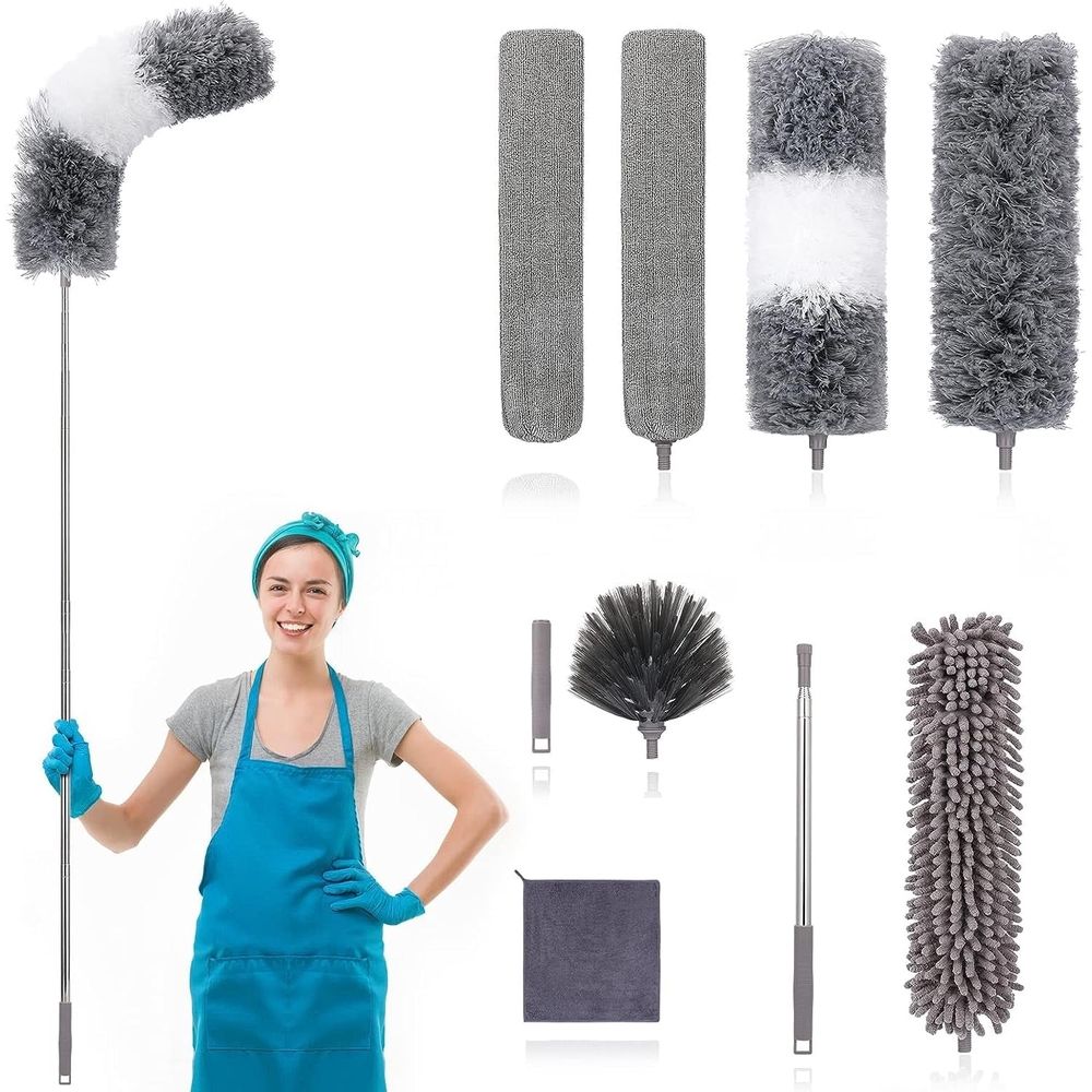 9 Pcs Microfiber Feather Duster Extendable Dusters for Cleaning with Extension Pole 30 to 100 inches, Reusable Bendable Dusters Washable Dusters for Cleaning Fan/High Ceiling House Cleanin