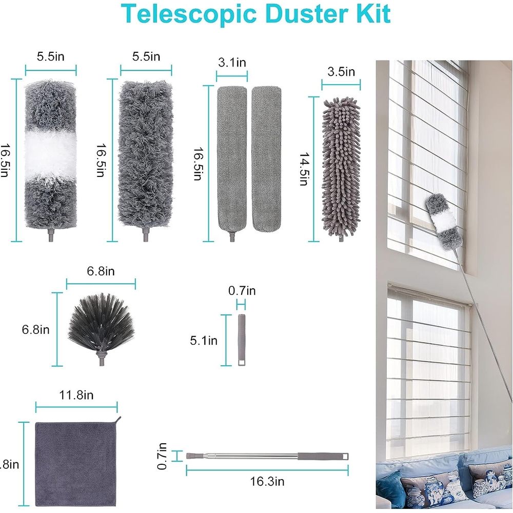 9 Pcs Microfiber Feather Duster Extendable Dusters for Cleaning with Extension Pole 30 to 100 inches, Reusable Bendable Dusters Washable Dusters for Cleaning Fan/High Ceiling House Cleanin
