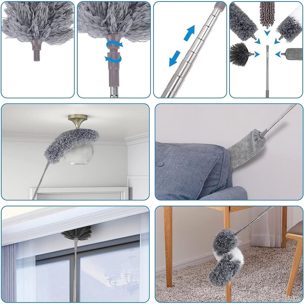 9 Pcs Microfiber Feather Duster Extendable Dusters for Cleaning with Extension Pole 30 to 100 inches, Reusable Bendable Dusters Washable Dusters for Cleaning Fan/High Ceiling House Cleanin
