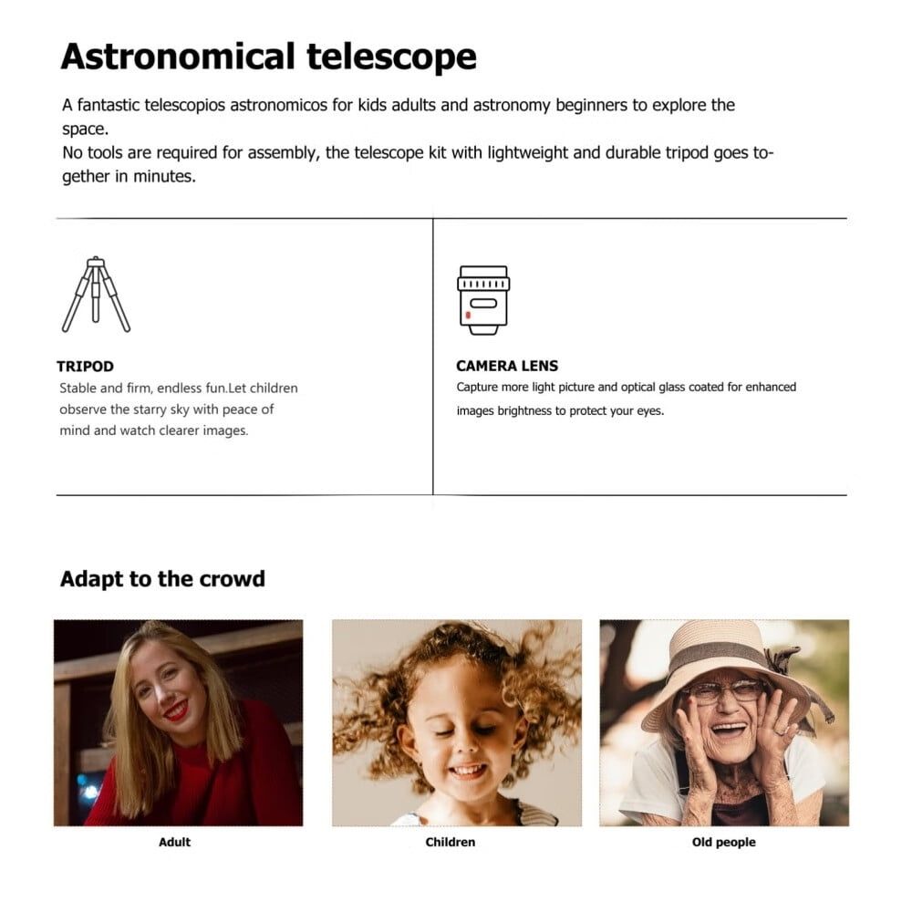 Telescope for Kids Beginners Adults,Aperture Refractor Telescopes for Astronomy Beginners,Portable Travel Telescope with Tripod,Astronomy Gifts for Kids Silver
