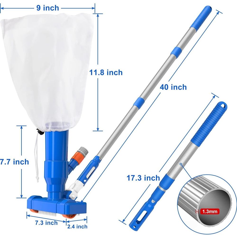 Handheld Pool Vacuum Cleaner with 40 Inch Adjustable Telescopic Pole, Mesh Filter Debris Bag, Manual Garden‑Hose Powered Swimming Pool Cleaner for Inground & Above‑Ground Pool, Spa, Hot Tub