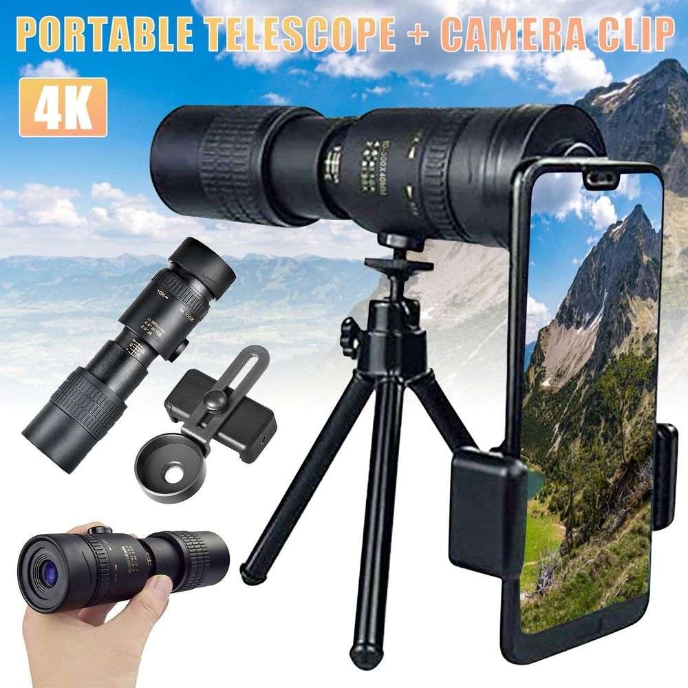 Monocular Telescope - 4K Super Telephoto with Gyro Stabilizer, 10-300X Zoom, Night Vision, 7.9in Portable for Hunting & Birding
