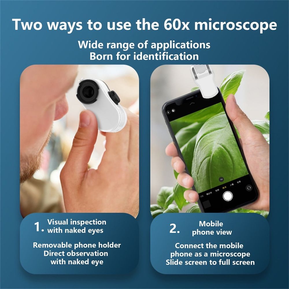 Phone Microscope - 60X Clip-On Magnifier with LED for Crafts & Repair, 2.9 x 2.7 x 1.1in