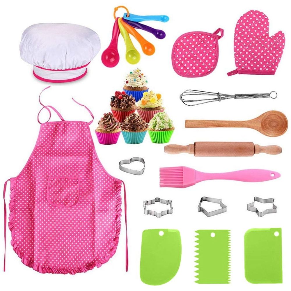Kids Cooking and Baking Set | 25PCS Chef Role Play Kit with Apron, Chef Hat, Oven Mitt and Cookware for Girls | Pretend Play and Dress-Up | Great Gift Idea Sensory Toys