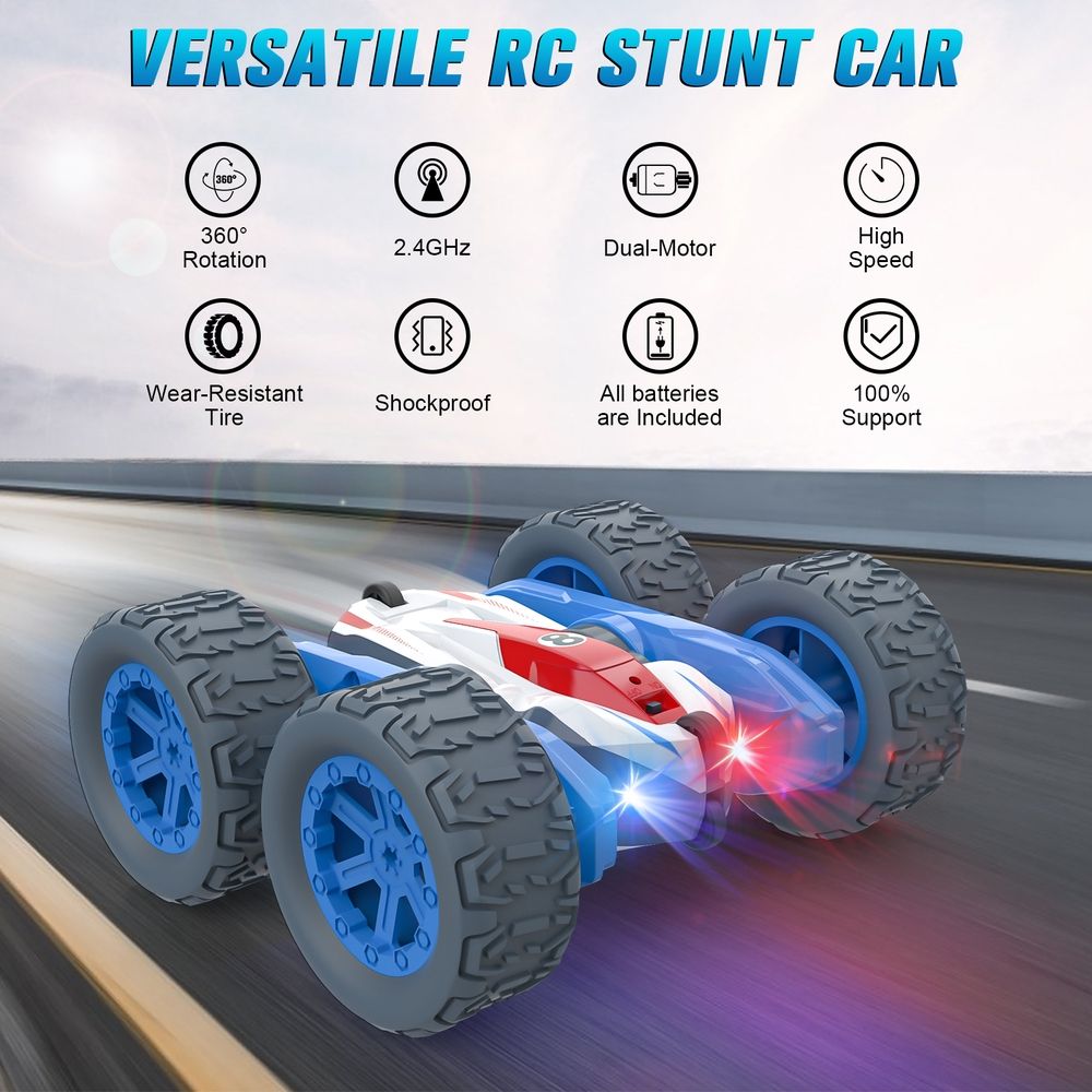 Growsly Double-Sided 360 Flip RC Car 4WD 2.4GHz Stunt Car Racing Toy Car with Rechargeable Batteries for 4-12 Years Old Kids, Blue