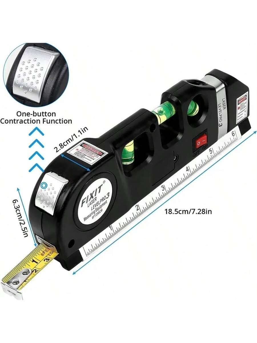1PC Black Laser Level – Multi-Purpose Cross Line Laser Instrument, 8Ft Measuring Ruler with Standard & Metric Scales, Precision Alignment Tool