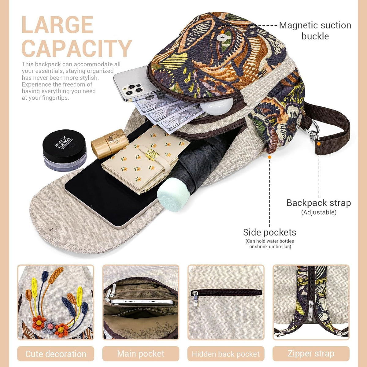 Small Backpack Purse for Women, Hand-woven Plant Sling Bag for Women, Mini Hippie Boho Cute Sling Backpack for Women