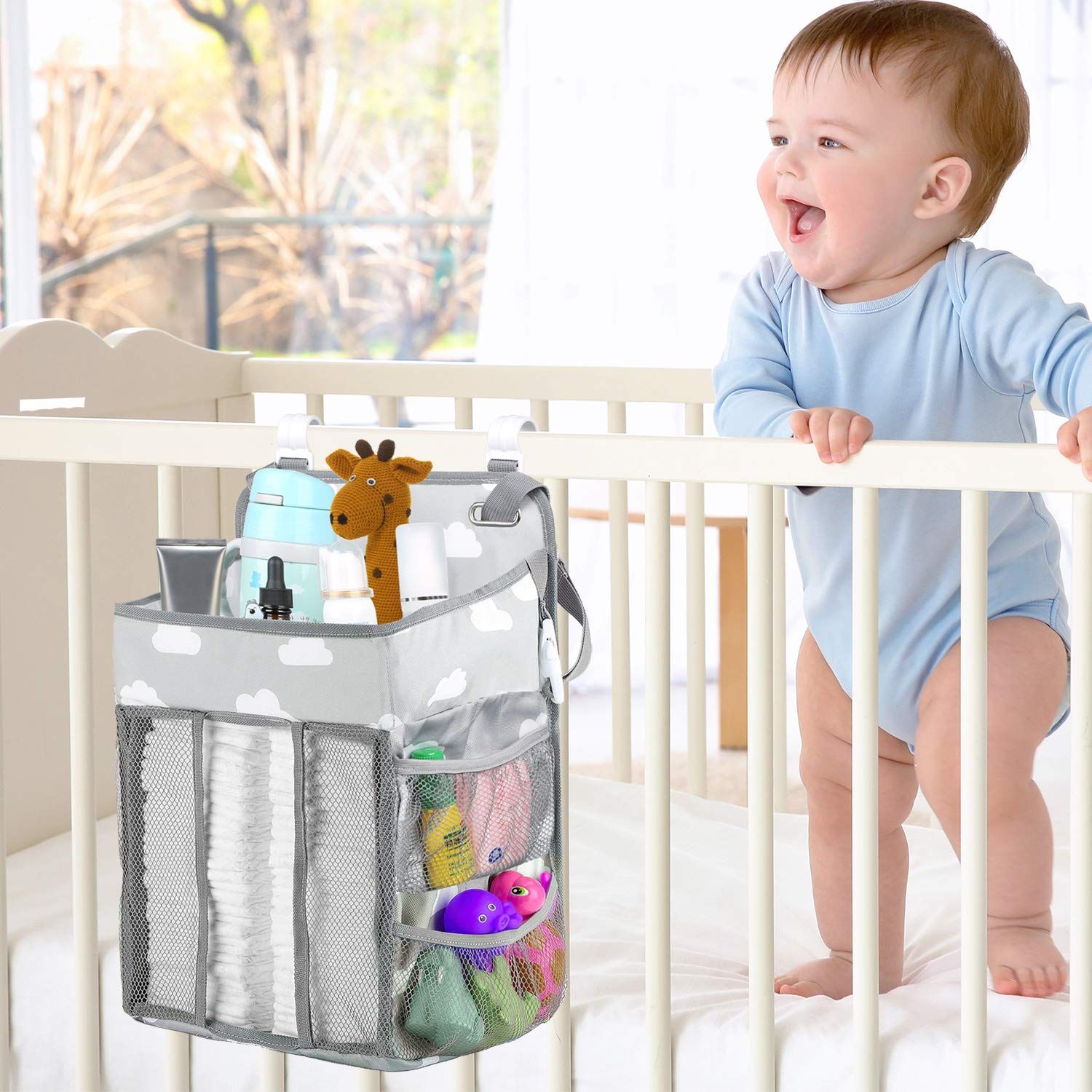 Diaper Caddy Hanging Diaper Caddy Organizer, Hanging Nursery Nappy Organiser Diaper Holder Caddy Stacker for Baby Girl Boy  -Grey