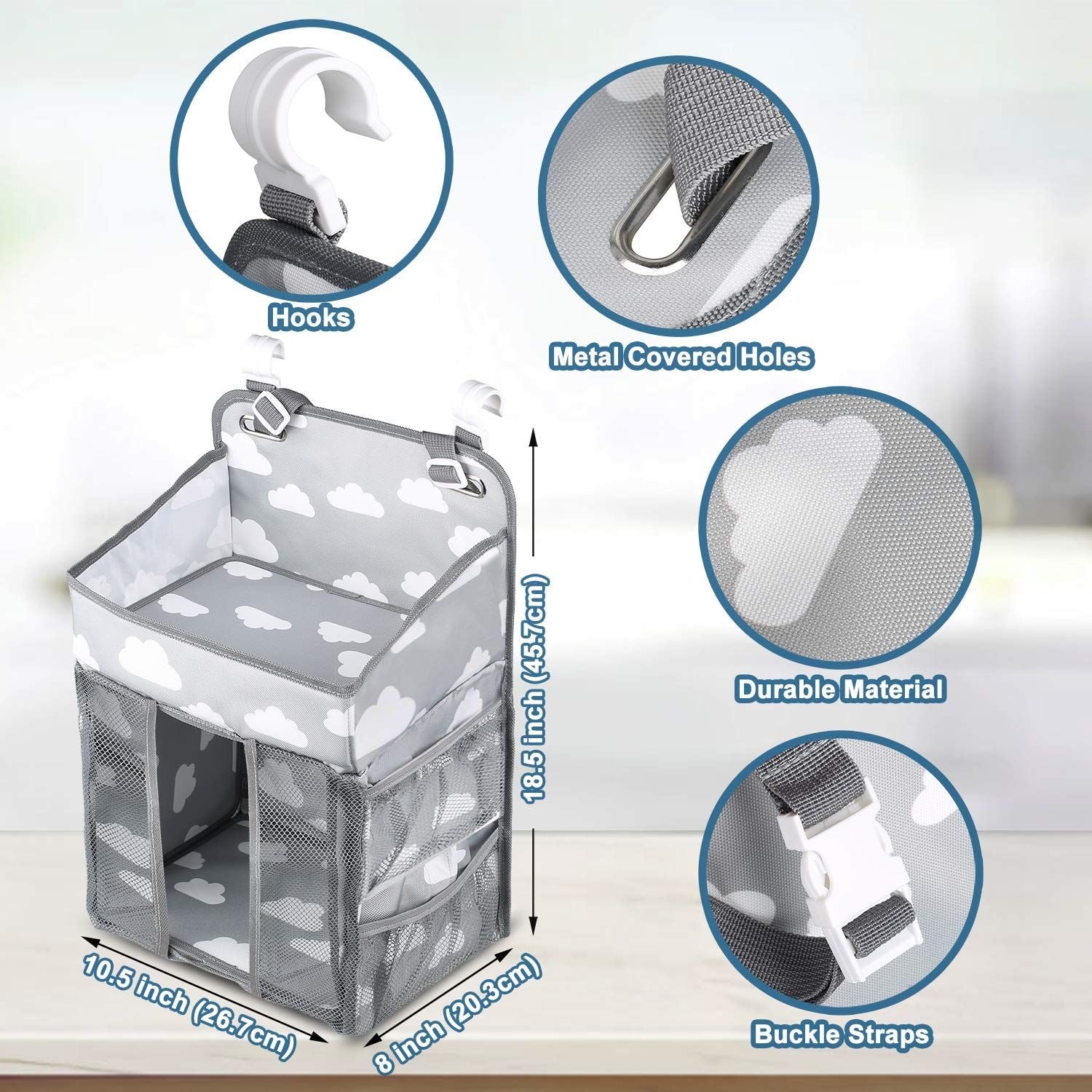 Diaper Caddy Hanging Diaper Caddy Organizer, Hanging Nursery Nappy Organiser Diaper Holder Caddy Stacker for Baby Girl Boy  -Grey