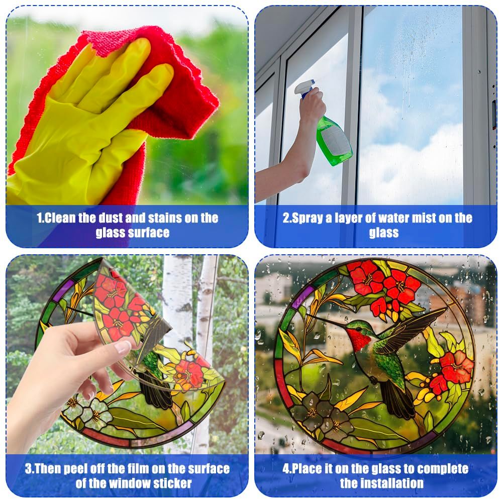 4 Pieces Stained Glass Window Clings Anti-Collision Bird Sunflower Bee Window Clings Decals Removable Non Adhesive Vinyl