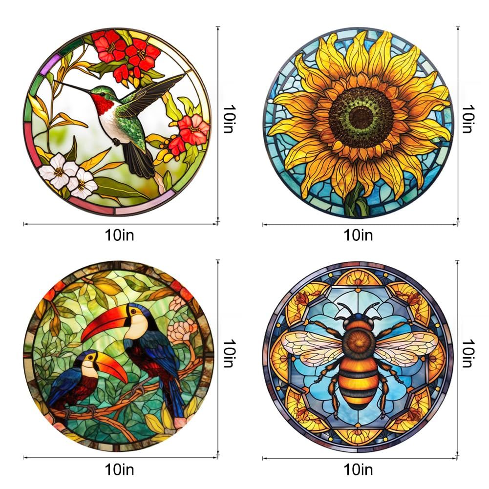 4 Pieces Stained Glass Window Clings Anti-Collision Bird Sunflower Bee Window Clings Decals Removable Non Adhesive Vinyl