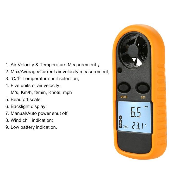 Digital Tester Digital Anemometer Wind Speed Mini Air Velocity Airflow Temperature with LCD Backlight Wind Speed Meter Barometer
