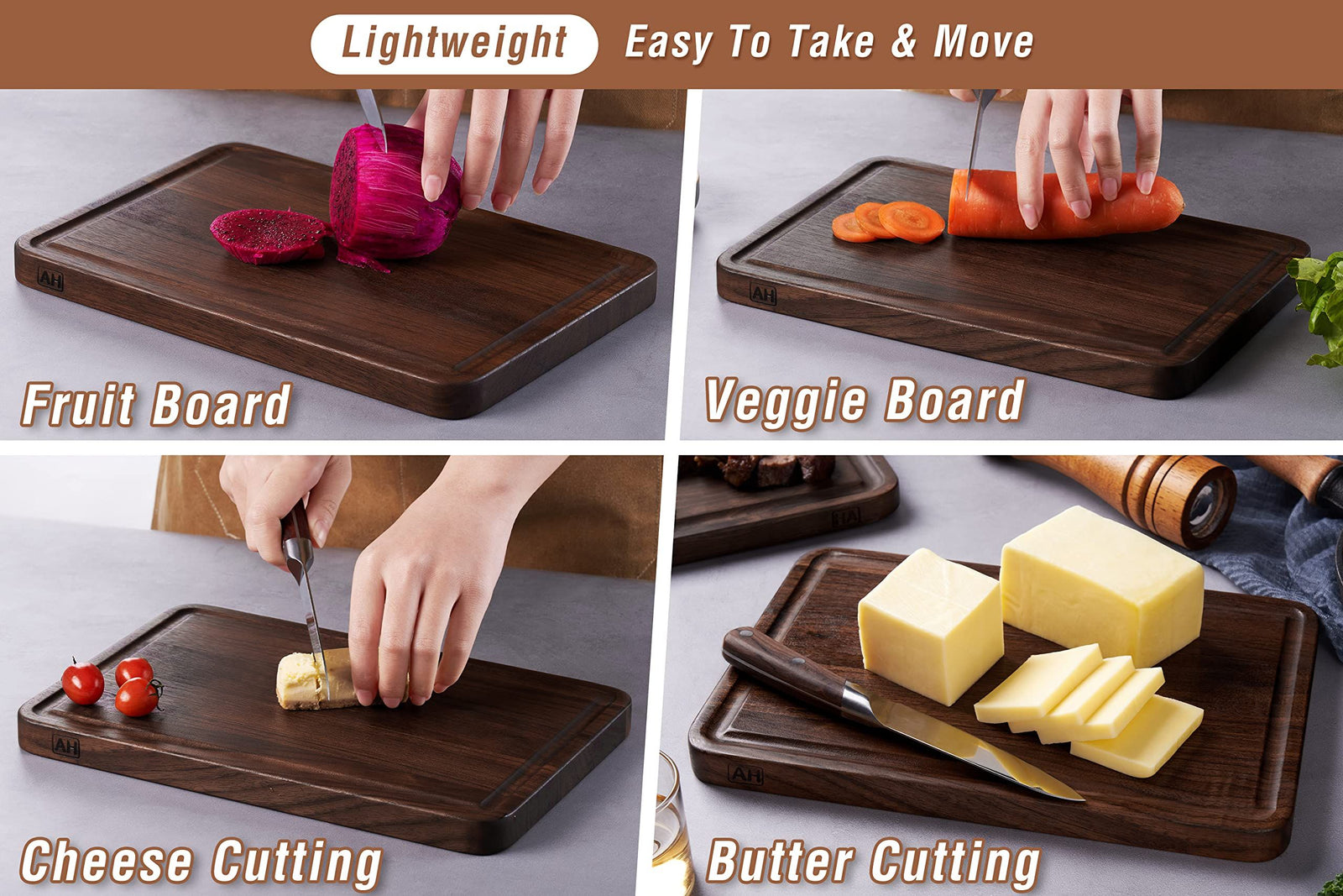 Small Walnut Wood Cutting Board for Kitchen with Juice Groove Handles Non-slip Mats Thick Reversible Butcher Block Chopping Board