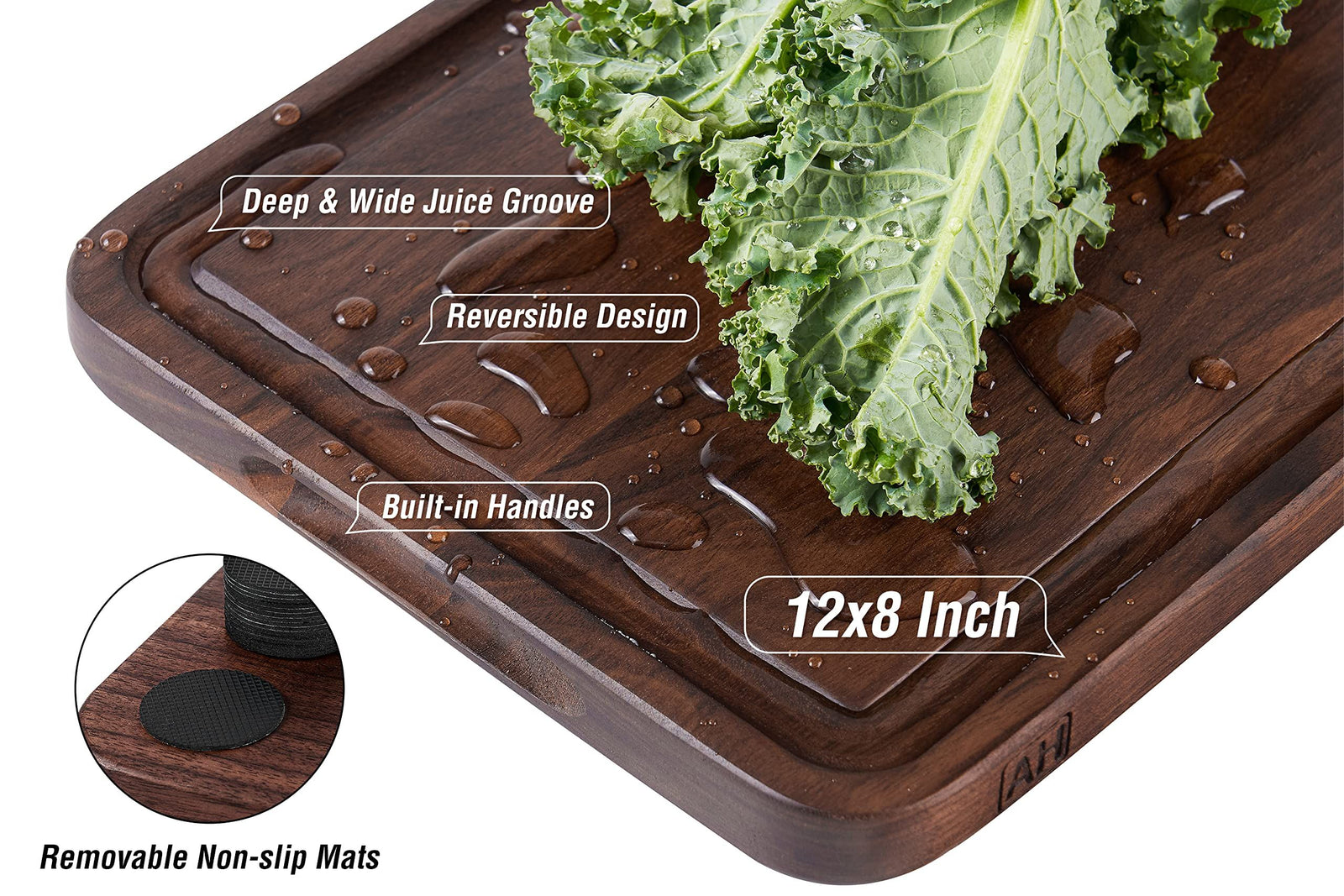 Small Walnut Wood Cutting Board for Kitchen with Juice Groove Handles Non-slip Mats Thick Reversible Butcher Block Chopping Board