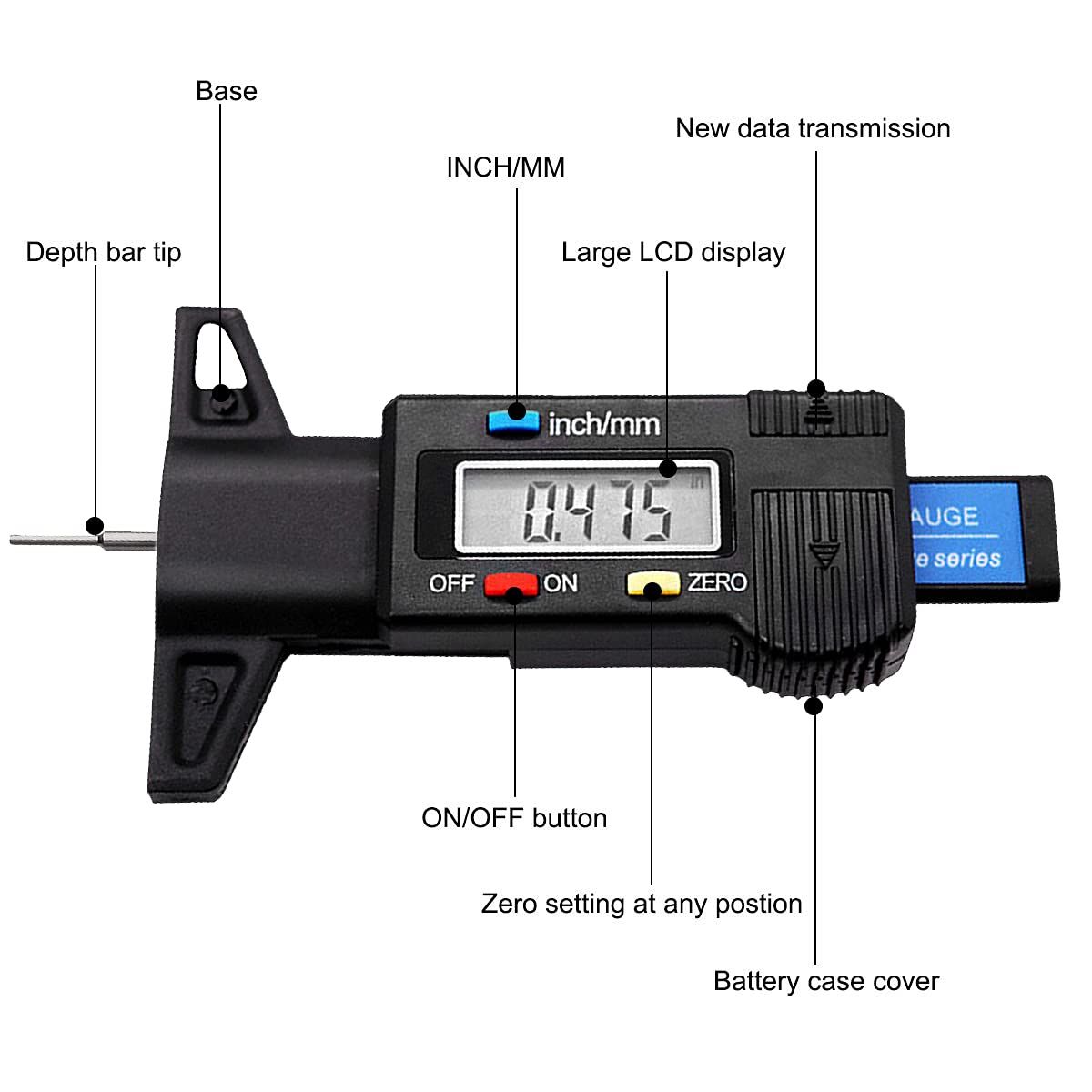 Tire Tread Depth Gauge, Digital Tire Tread Depth Gauge LCD with Inch and MM Conversion of 0-0.98 Inches, Tread Checker