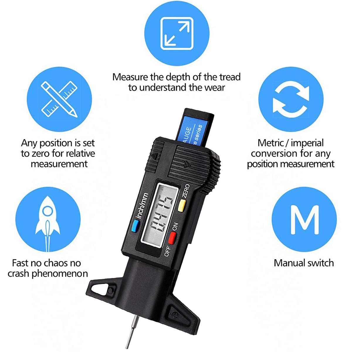 Tire Tread Depth Gauge, Digital Tire Tread Depth Gauge LCD with Inch and MM Conversion of 0-0.98 Inches, Tread Checker