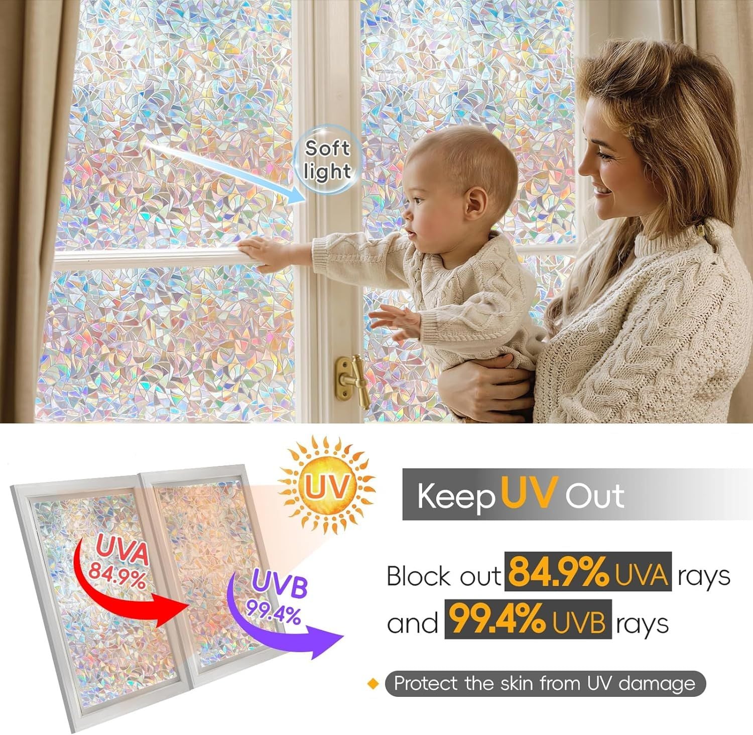 Rainbow Window Privacy Film Decorative,  3D Decals Window Clings for Glass Windows,  Cling Window Sticker,  7.8Inch x 196Inch