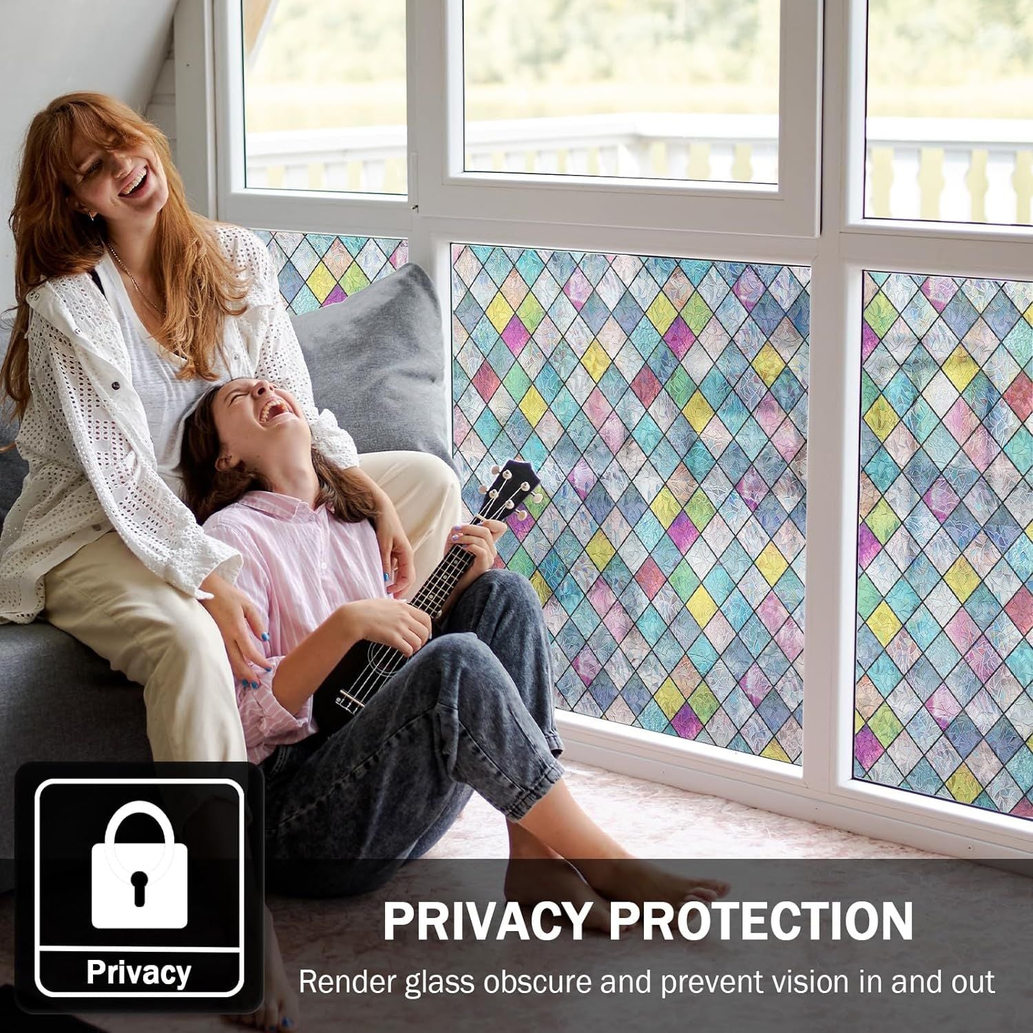 Window Privacy Films, Colorful Lattice Window Tint, Rainbow Glass Decals Stickers for Home Anti UV 7.8 *39.3 inches