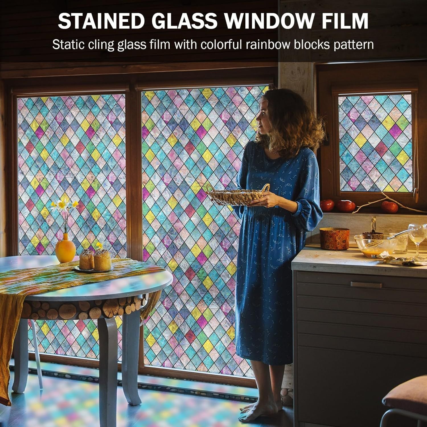 Window Privacy Films, Colorful Lattice Window Tint, Rainbow Glass Decals Stickers for Home Anti UV 7.8 *39.3 inches