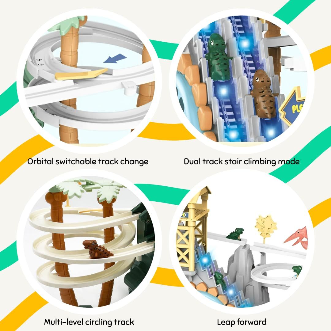 Dinosaur Climbing Slide Toy, Dinosaur Race Track Game Set Dino Car Track Adventure Slide Toy with Climbing Stairs - Green