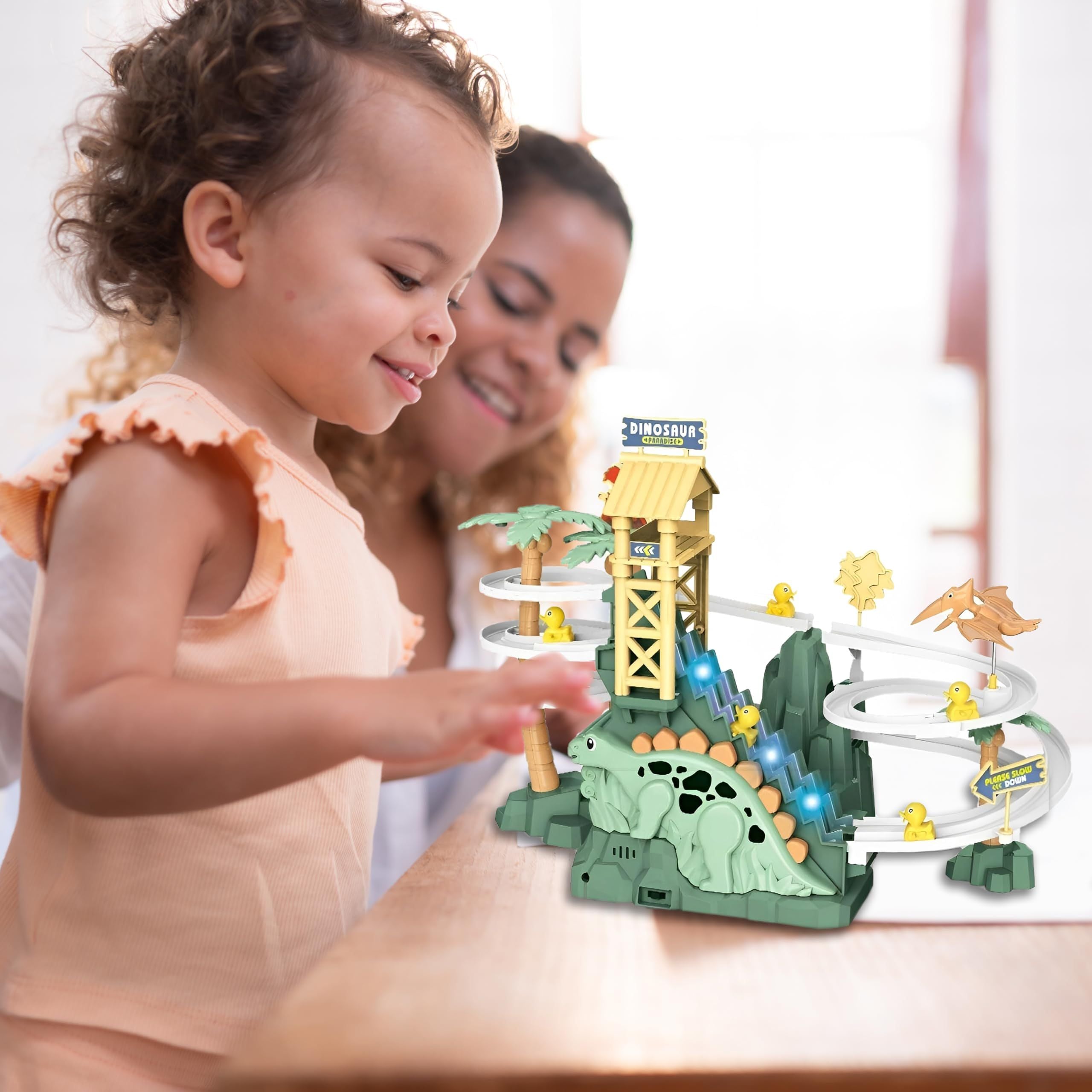 Dinosaur Climbing Slide Toy, Dinosaur Race Track Game Set Dino Car Track Adventure Slide Toy with Climbing Stairs - Green
