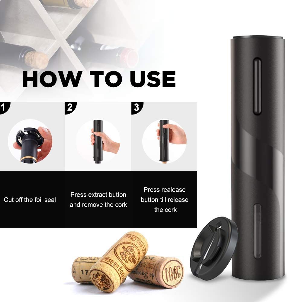 Battery Operated Wine Bottle Openers with Foil Cutter, One-click Button Reusable Automatic Wine Corkscrew Remover for Wine