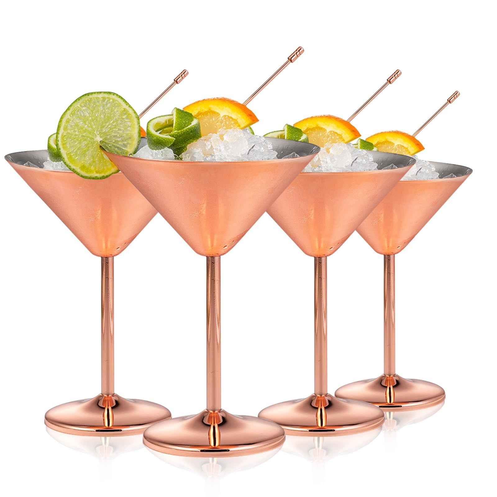 Stainless Steel Martini Glasses Set of 4 with picks， 8oz Unbreakable Martinin Glasses，Outdoor Drinkware for ice cream