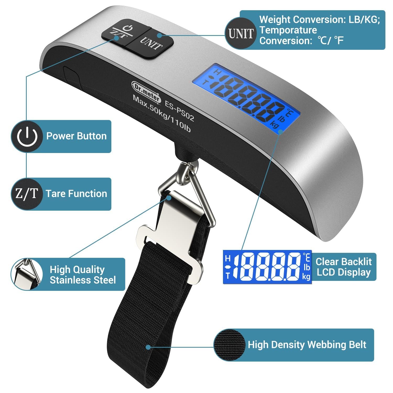 Luggage Scale, Backlight LCD Display 110lb/50kg Luggage Weight Scale for Travel Accessories Portable Handheld Scale with Rubber
