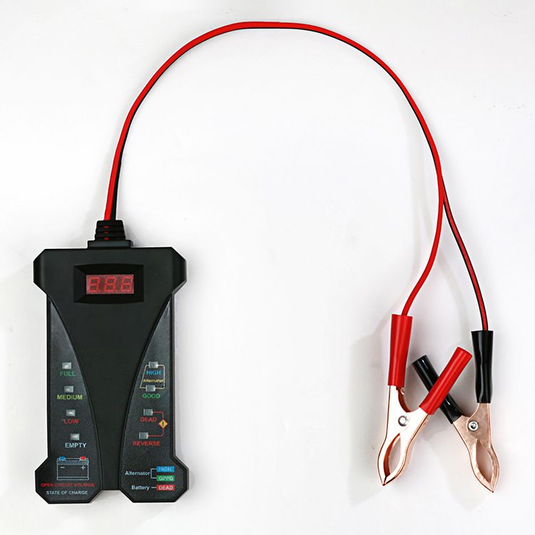12V Digital Car Battery Tester Voltmeter and Charging System Analyzer with LCD Display and LED Indication - Black Rubber Paint
