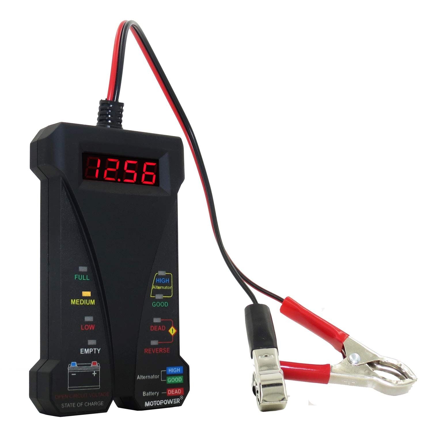 12V Digital Car Battery Tester Voltmeter and Charging System Analyzer with LCD Display and LED Indication - Black Rubber Paint