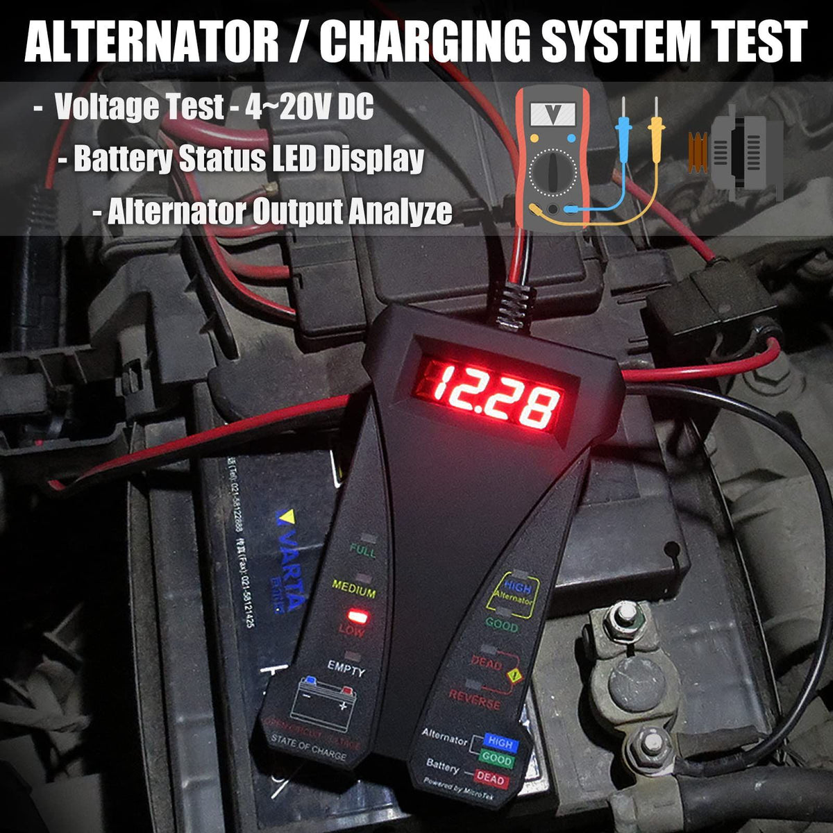 12V Digital Car Battery Tester Voltmeter and Charging System Analyzer with LCD Display and LED Indication - Black Rubber Paint