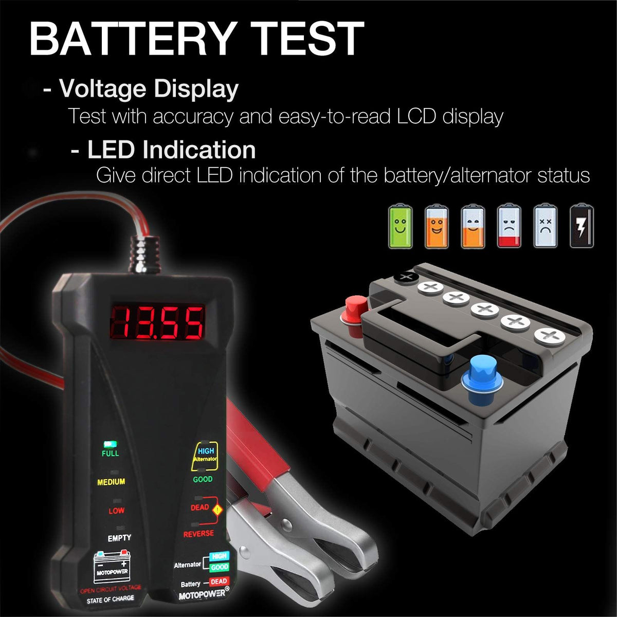 12V Digital Car Battery Tester Voltmeter and Charging System Analyzer with LCD Display and LED Indication - Black Rubber Paint