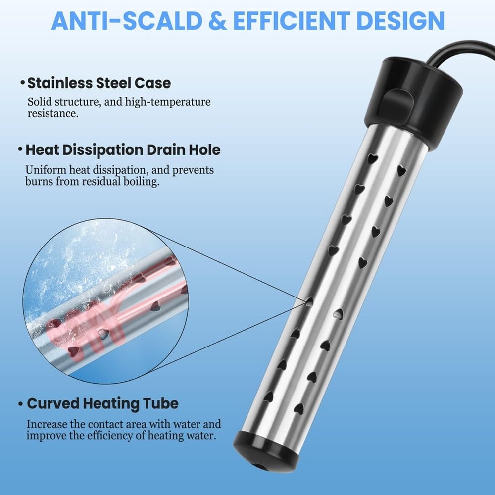 Immersion Water Heater, 1500W Portable Bucket Heater with 304 Stainless Steel Guard, Heats Electric Us Plug